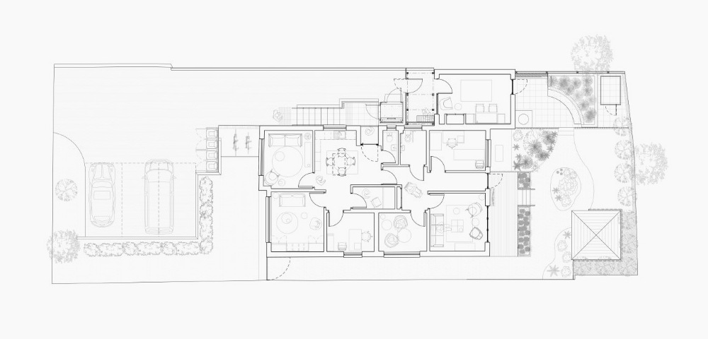 Floor plan drawing of house garden and parking